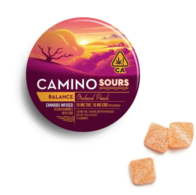 Camino | Orchard Peach Sours | THC:CBD 10:10: | 100mg | 10ct | 10mg/ea