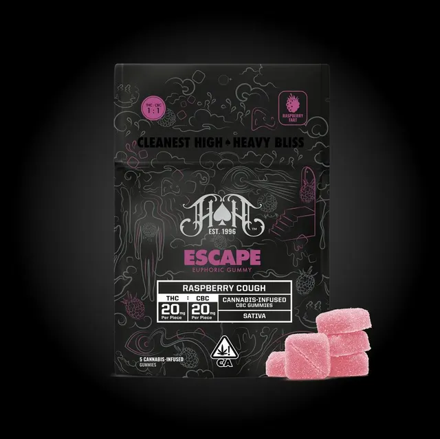 Escape | Raspberry Cough 1:1 THC:CBC Gummies | 100mg | 5ct | 20mg/ea