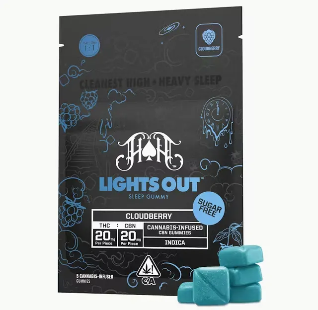 Heavy Hitters Lights Out Sugar Free Cloudberry 1:1 THC:CBN Indica Gummies 200mg