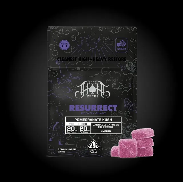 Resurrect | Pomegranate Kush 1:1 THC:CBG Gummies | 100mg | 5ct | 20mg/ea