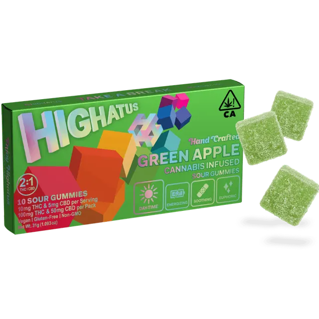 Highatus | Green Apple 2:1 THC:CBD Sour Gummies | 100mg | 10ct | 10mg/ea