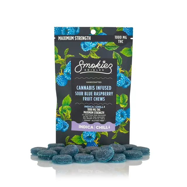 MAXIMUM STRENGTH Sour Blue Raspberry Indica 1000mg THC Fruit Chews